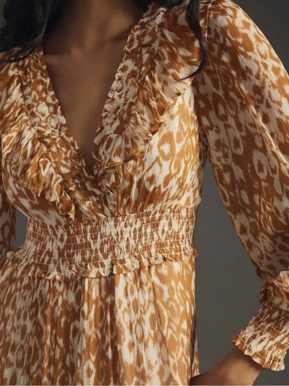 Anthropologie The Odetta Ruffled V-Neck Maxi Dress Long Sleeve size M in honey